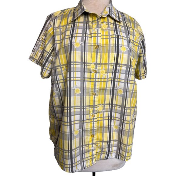 Adrian Delafield blouse L/XL Yellow gray plaid flowers short sleeve pocket colla - Picture 3 of 15